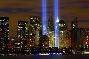 The "Tribute in Light" memorial is in remembrance of the events of Sept. 11, 2001. The two towers of light are composed of two banks of high wattage spotlights that point straight up from a lot next to Ground Zero. This photo was taken from Liberty State Park, N.J., Sept. 11, the five-year anniversary of 9/11. (U.S. Air Force photo/Denise Gould)